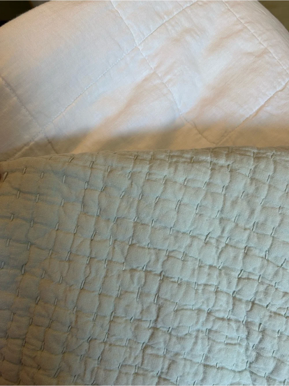 Pottery Barn Seafoam Green linen cotton pick stitch king sham with Ties